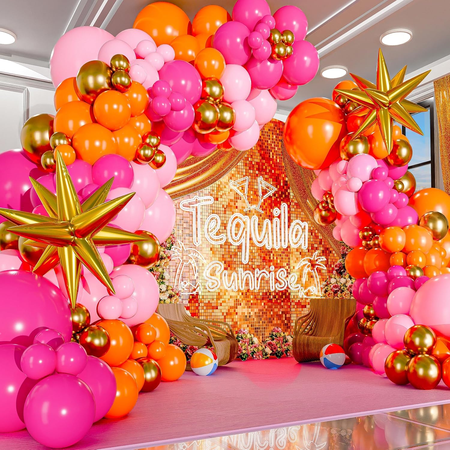 Orange Lighting Decor - ลูกโป่งลาเท็กซ์สีชมพูร้อน 123 ชิ้น สีส้มเมทัลลิก สีทอง พร้อมชุดอุปกรณ์ตกแต่งซุ้มลูกโป่งรูปดาว