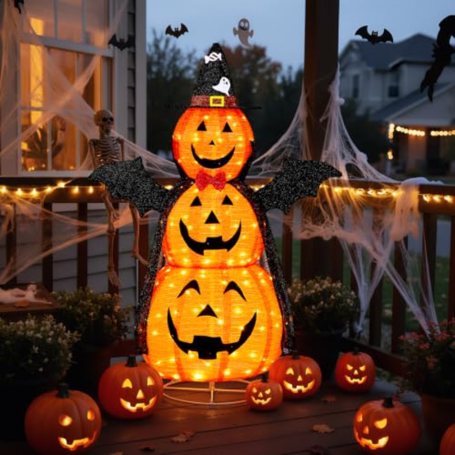 Orange Lighting Decor - ของตกแต่งฮาโลวีนกลางแจ้ง: ฟักทองพับได้สูง 5 ฟุต, พลาสติกสีส้ม, ดีไซน์ซ้อนกันพร้อมไฟ